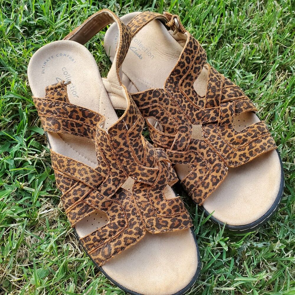 Clarks Collection Sandals Women 6.5M Leopard Print Slingback Comfort Shoes